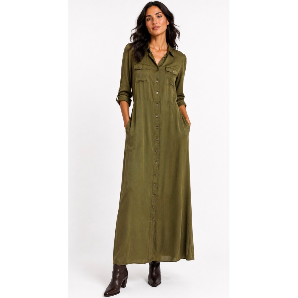 NEW Spartina 449 Peyton Maxi Shirt Dress Womens Size M Olive Cupro Earthy Luxe